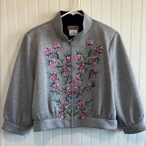 Jovani contemporary maslavi grey floral Jacket with Pink Floral Embroidery
